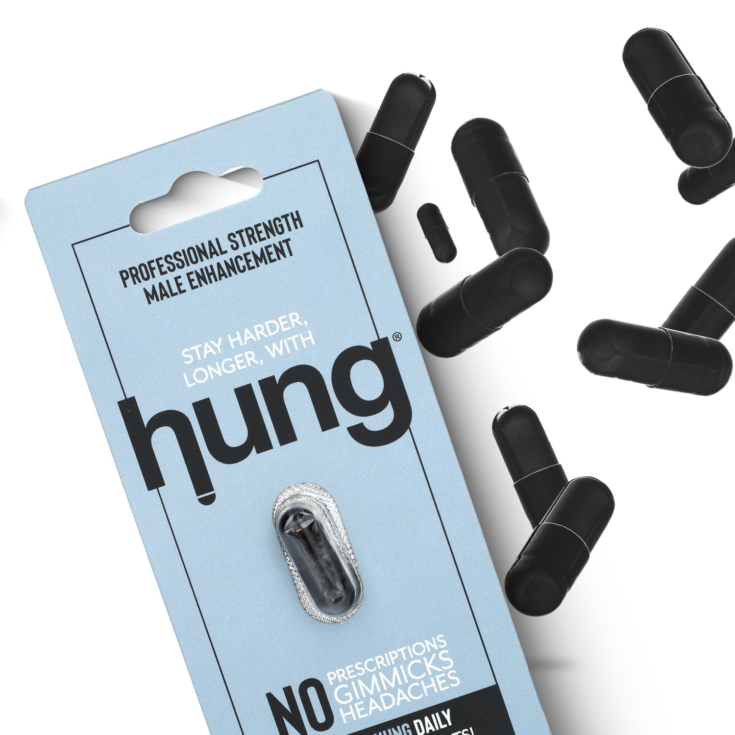 Hung Single Pill Packaging with Pills Falling in Background